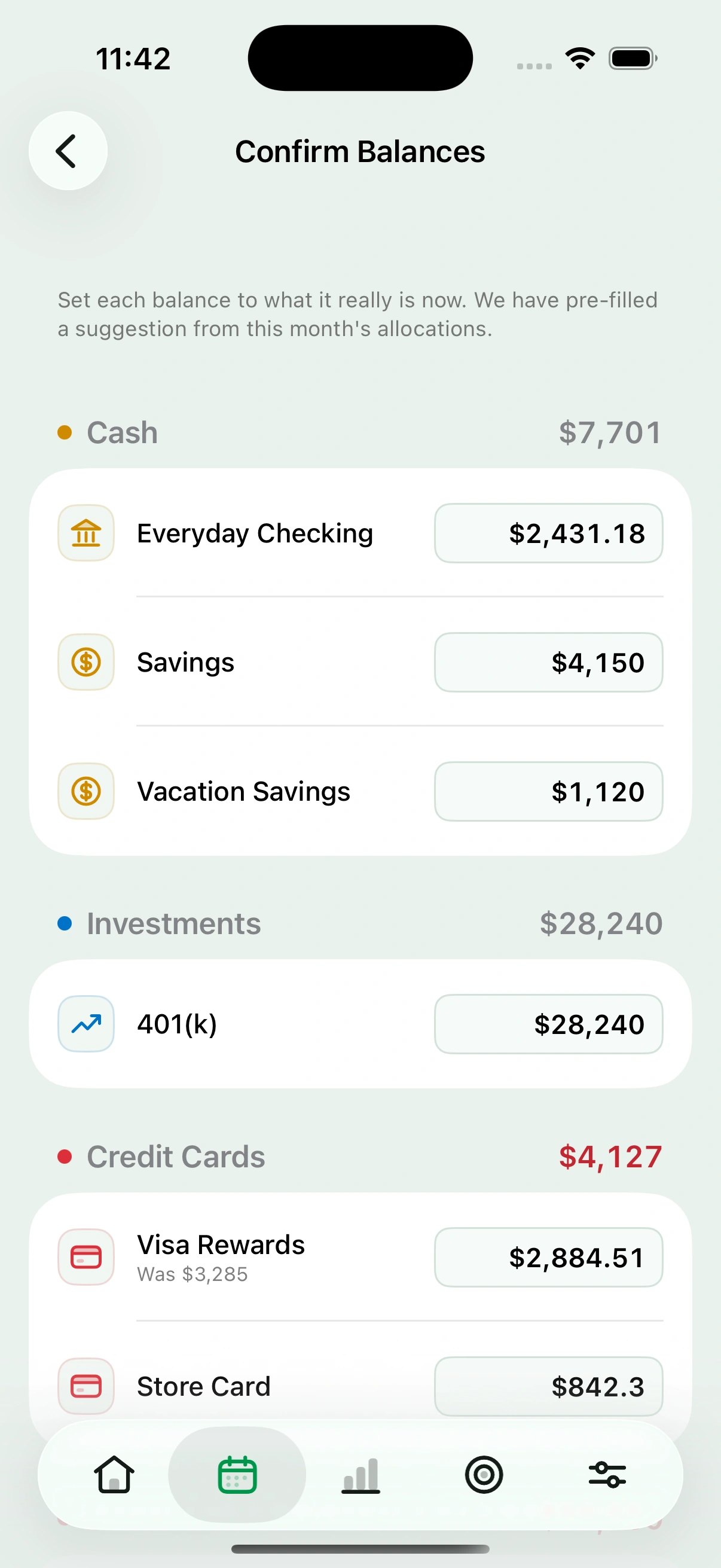 Typing the real balance of each account at the start of a payday