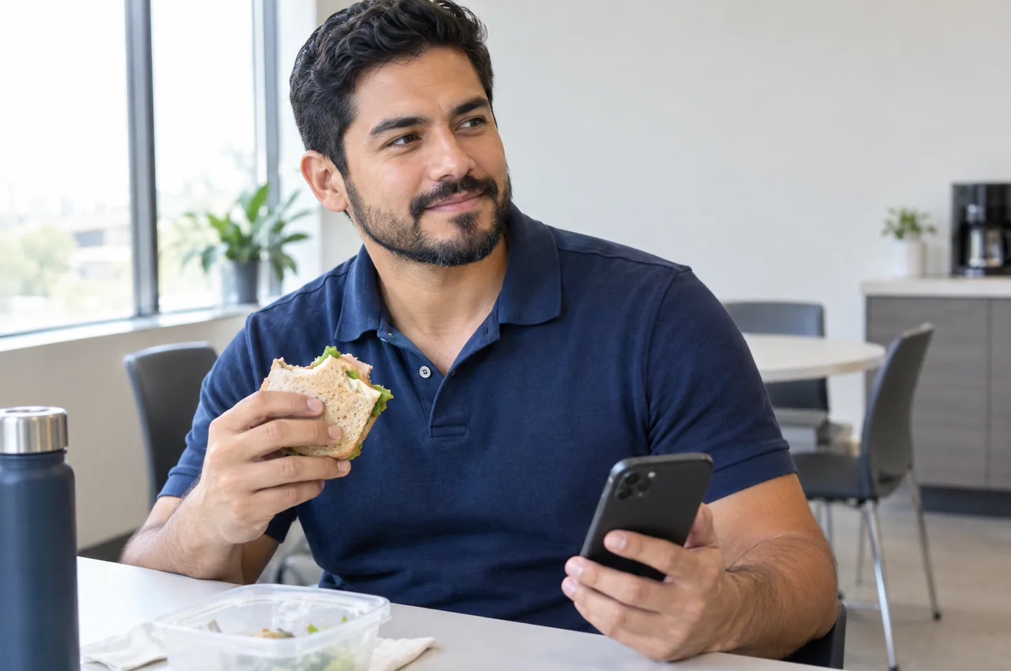A man in a navy polo on his lunch break by a window, a sandwich in one hand and his phone in the other.
