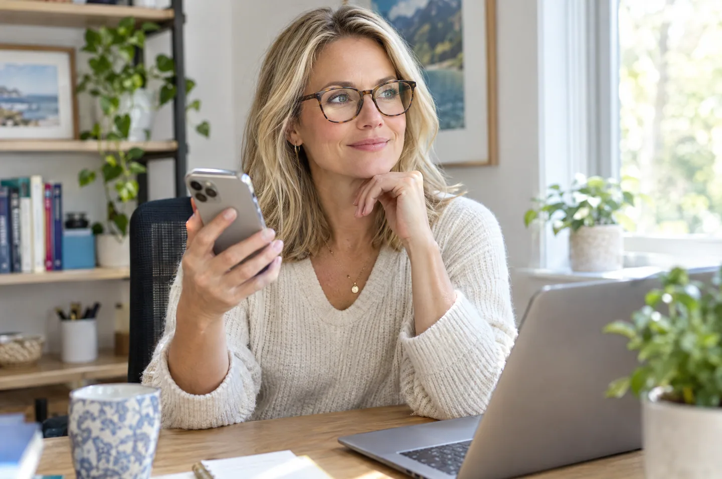A woman with blonde hair and glasses at a home desk by a window, holding her phone and smiling.