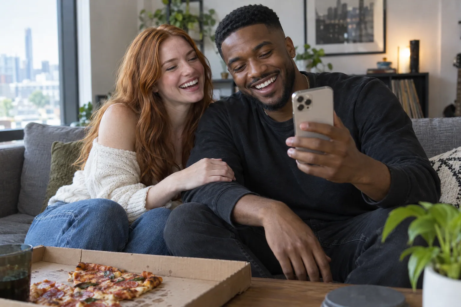 A laughing couple on a couch looking at his phone, a pizza box on the table in front of them.