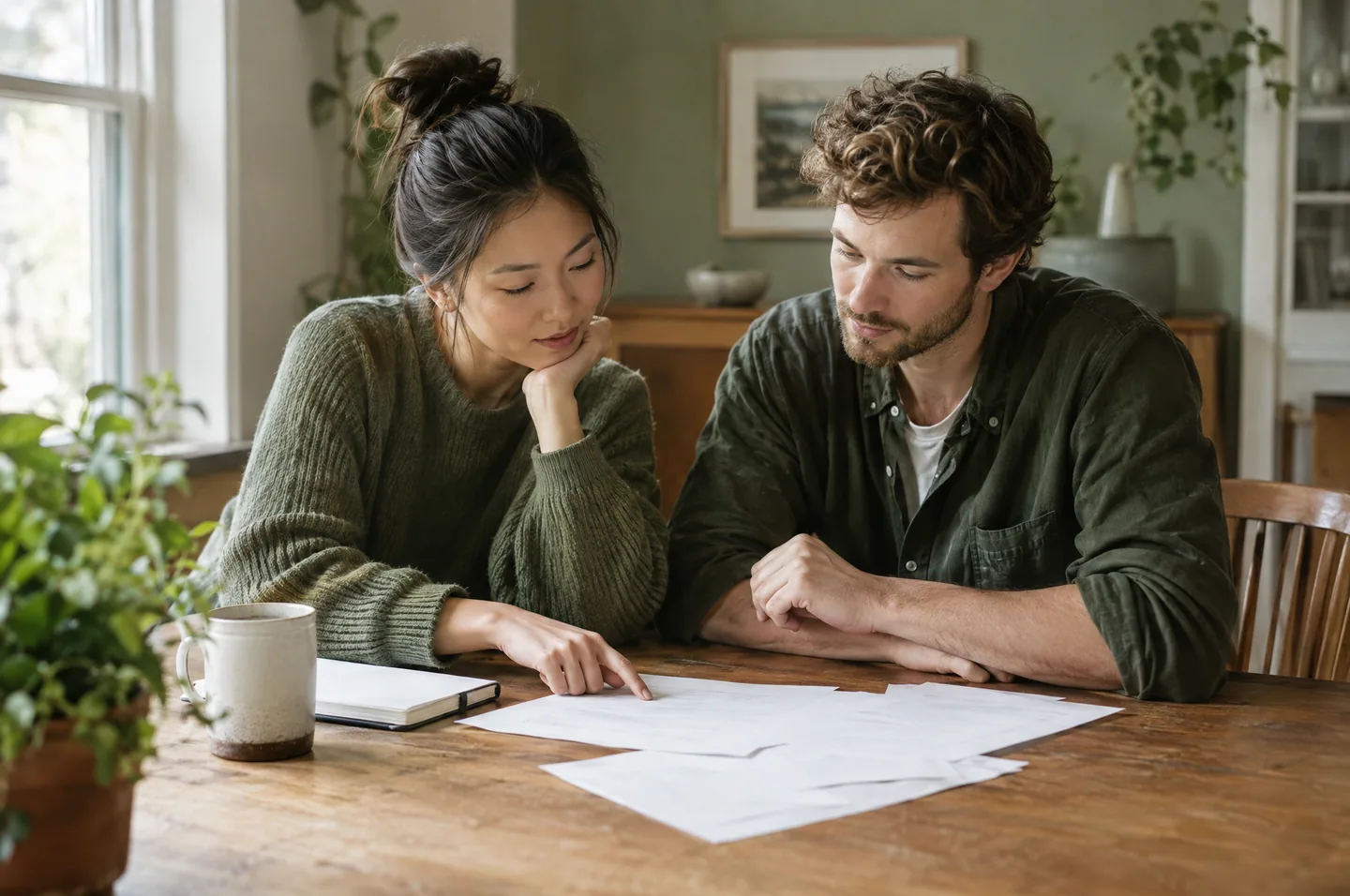A couple at a dining table looking together at a page of household bills spread in front of them.