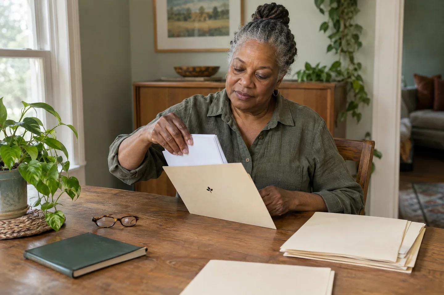 A woman in her sixties sliding folded papers into plain paper folders at a dining table.