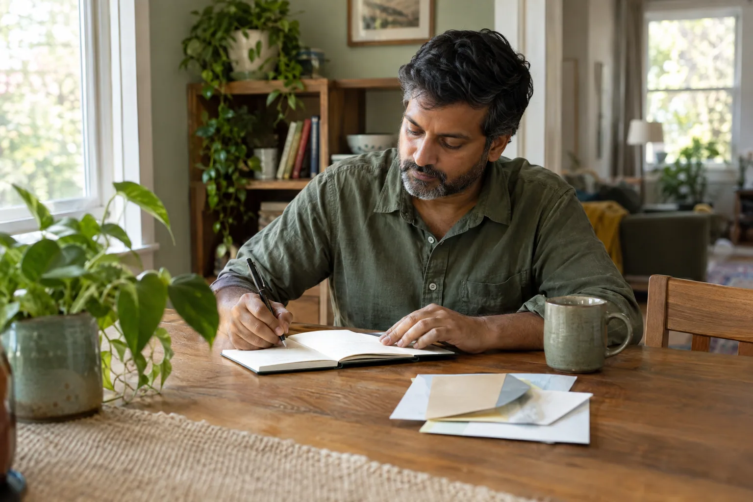 A man at a wooden dining table writing a budget in a notebook beside a small stack of envelopes.