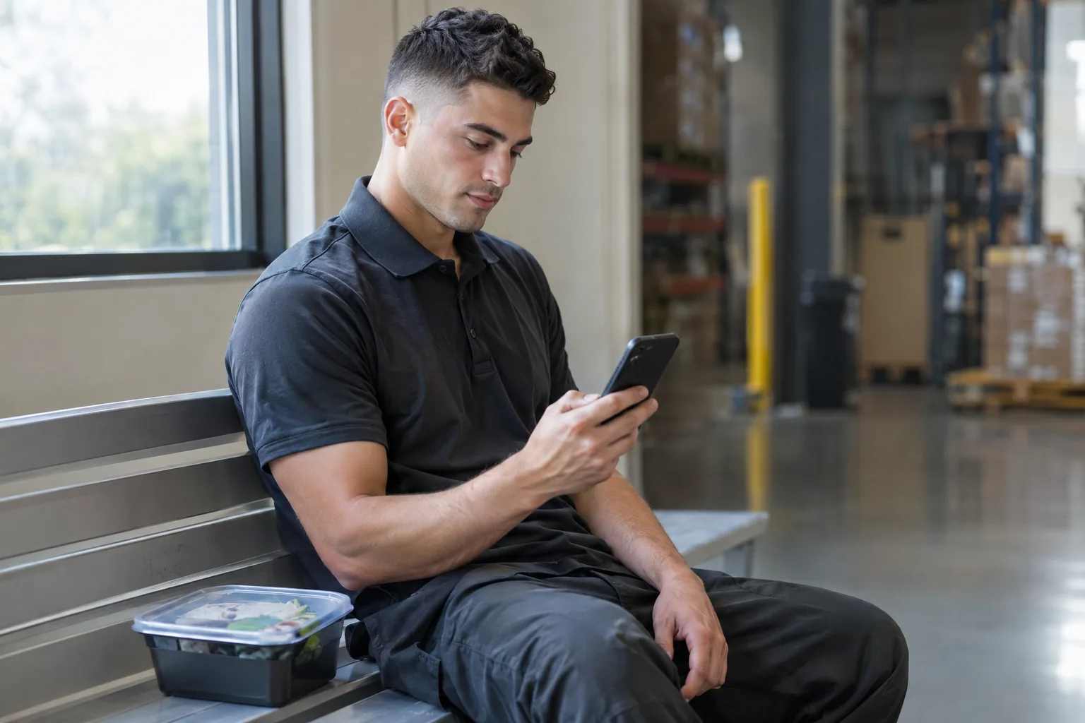 A young man in a dark work polo on a break room bench at a warehouse, looking at his phone at lunch.