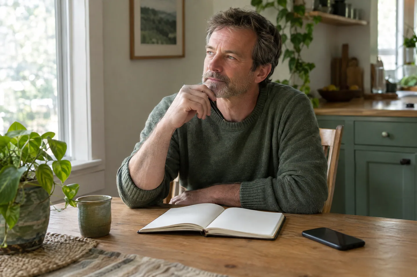 A man in his fifties at a kitchen table with an open notebook and a pen, working out his paydays.