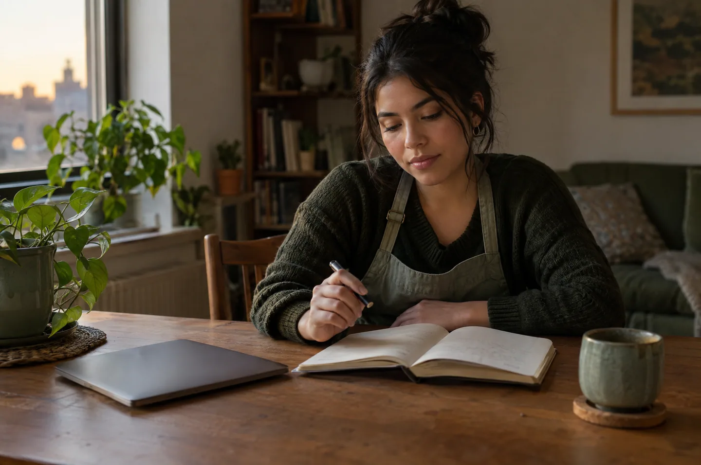 A woman in a work apron writing in a notebook at her apartment table after an evening shift.