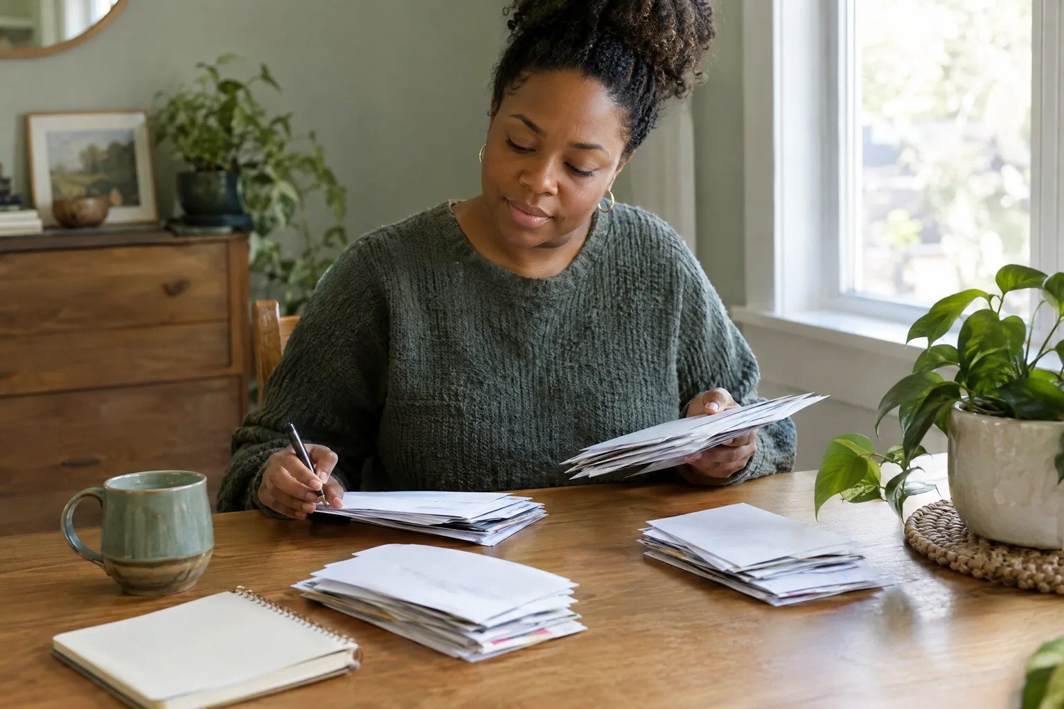 A woman at a wooden dining table sorting a stack of bills into separate piles, a pen in her hand.