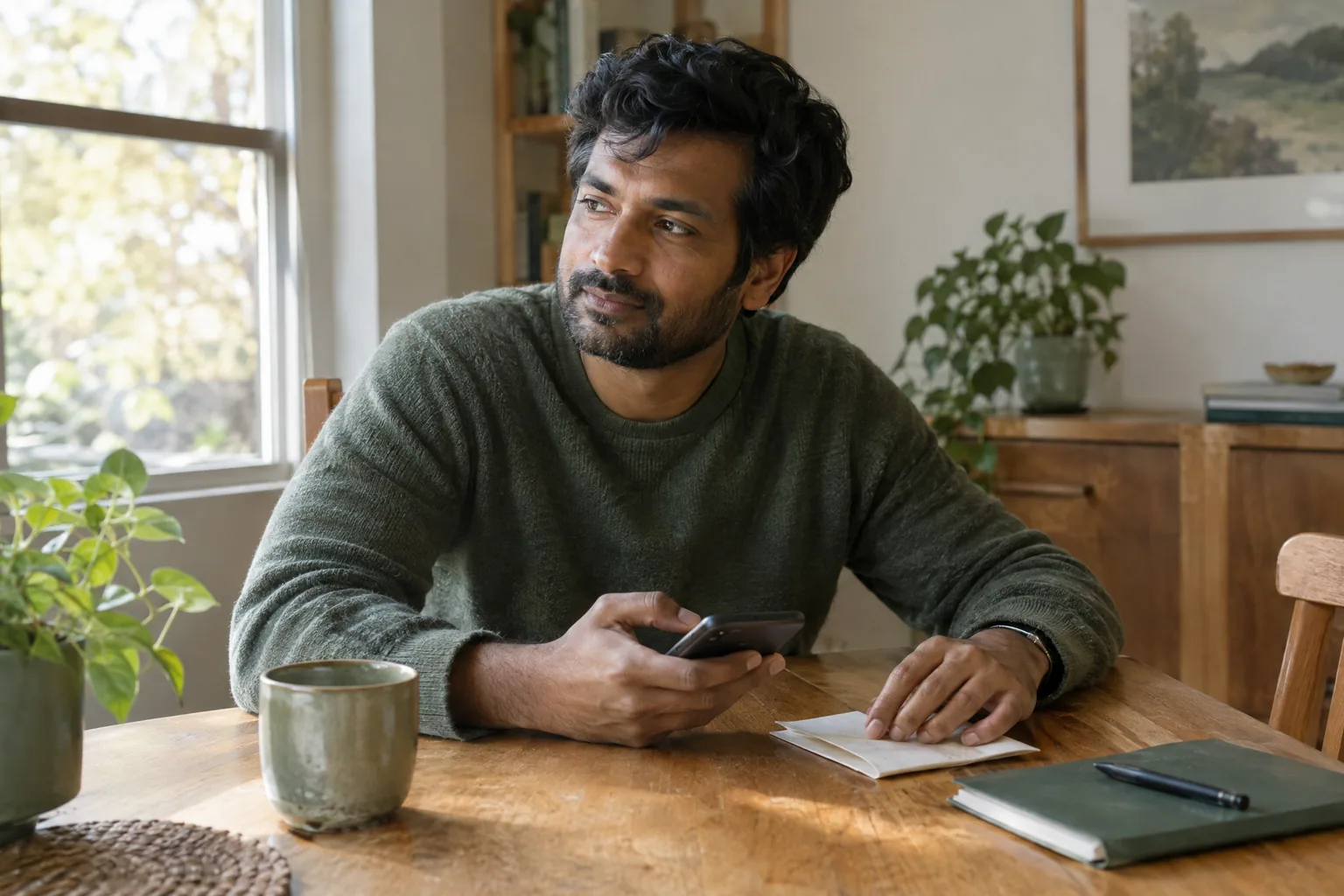 A man at a wooden dining table holding a phone with a folded paper letter in front of him.