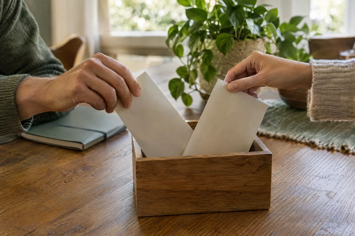 Two people's hands each placing a plain envelope into one small wooden box on a table.