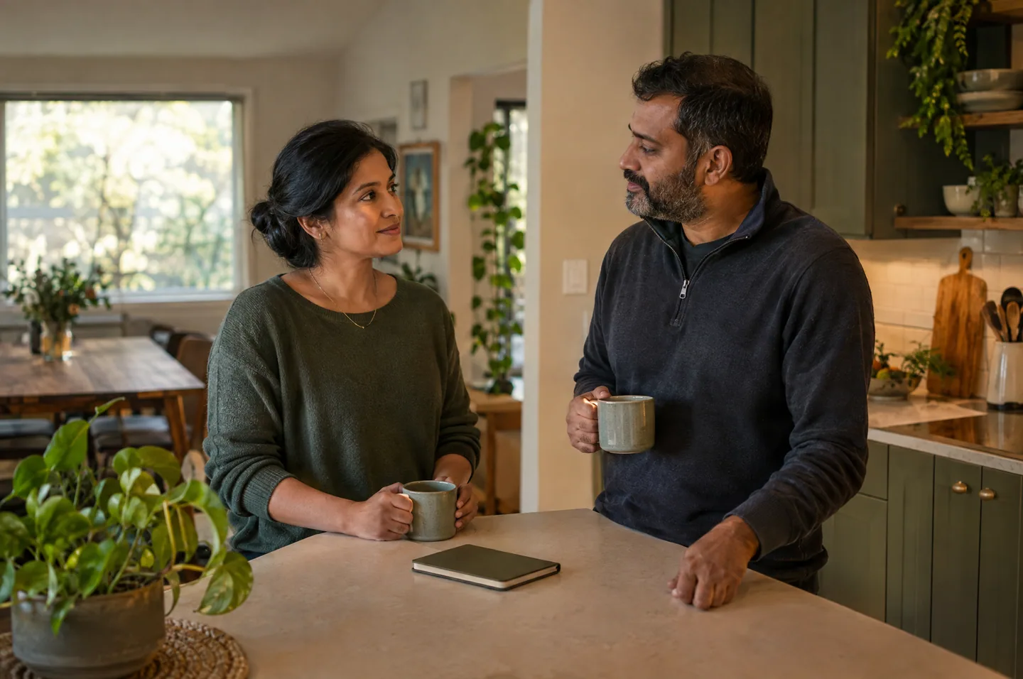 A couple standing at a kitchen counter in evening light, talking over two mugs of coffee.