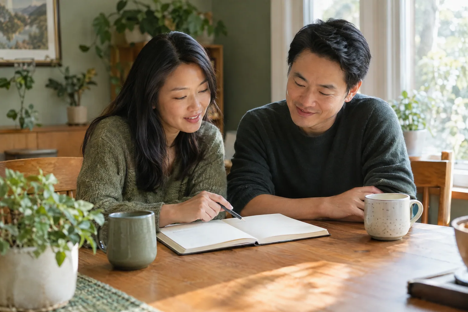 A couple at a wooden dining table looking at an open notebook together, the woman pointing with a pen.