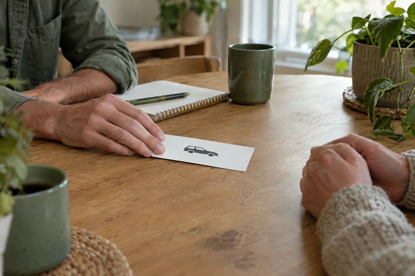 Two people at a wooden table, one sliding a paper card with a small car icon across to the other.