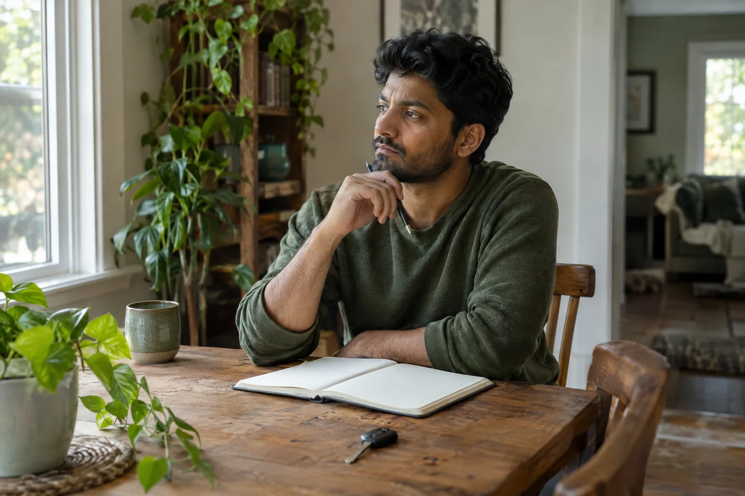 A man sitting at a wooden table with an open notebook and a car key in front of him, looking toward the window.