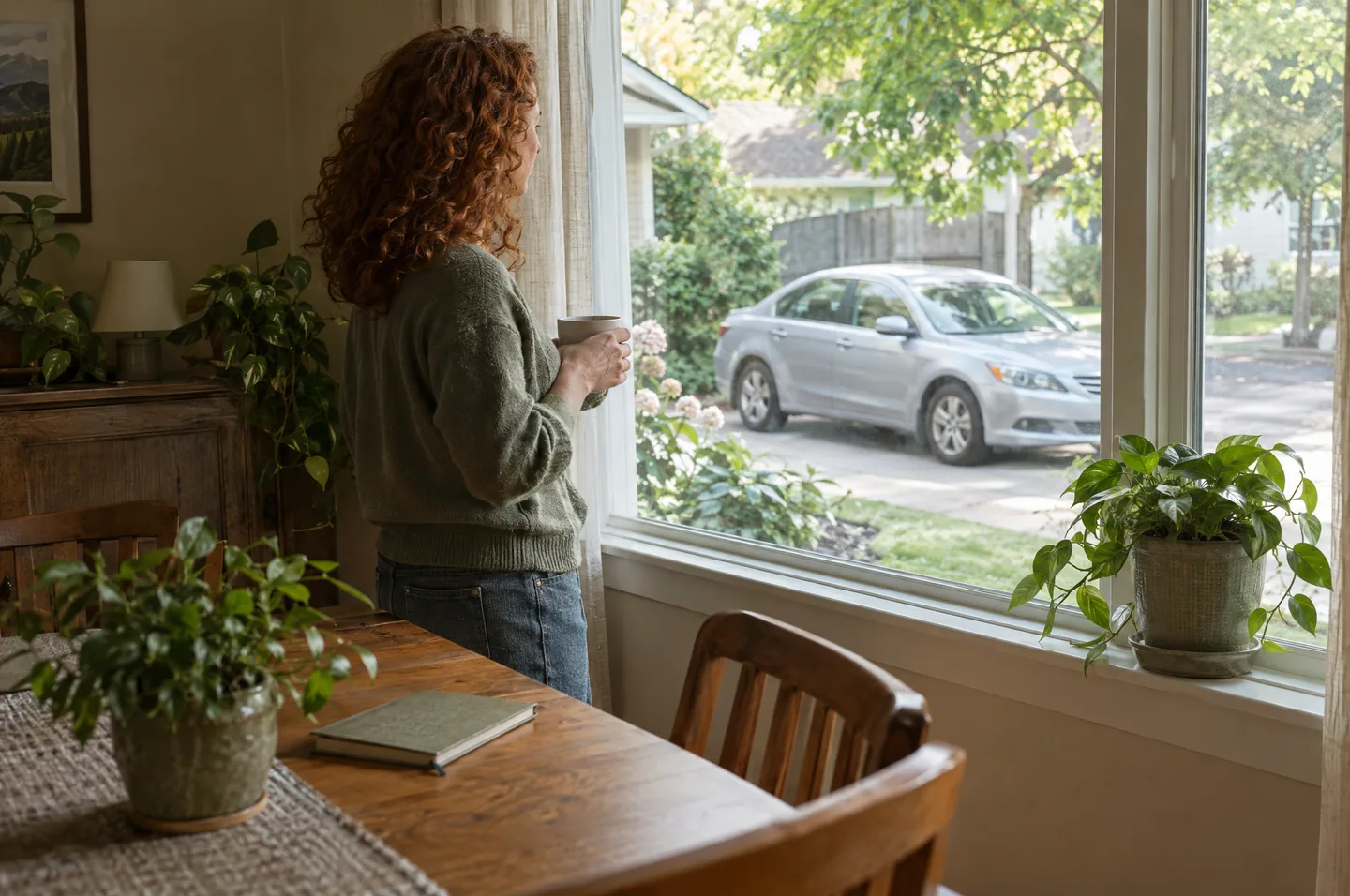 A woman holding a mug at a front window, looking out at a silver sedan parked in the driveway.