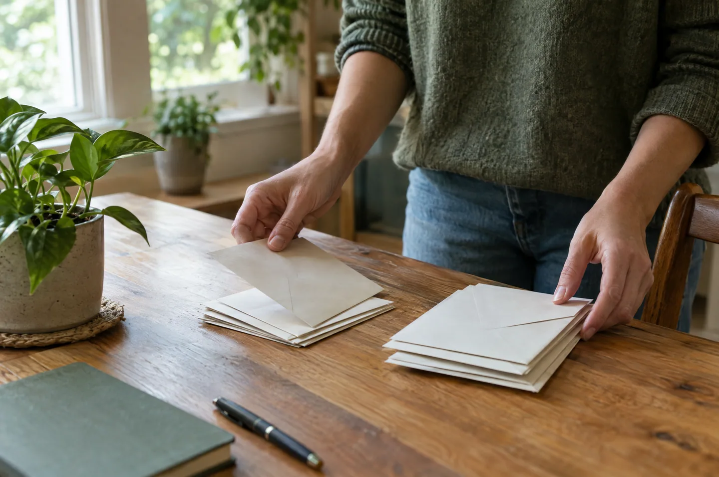 Hands sorting plain envelopes into two piles on a wooden table beside a potted plant.