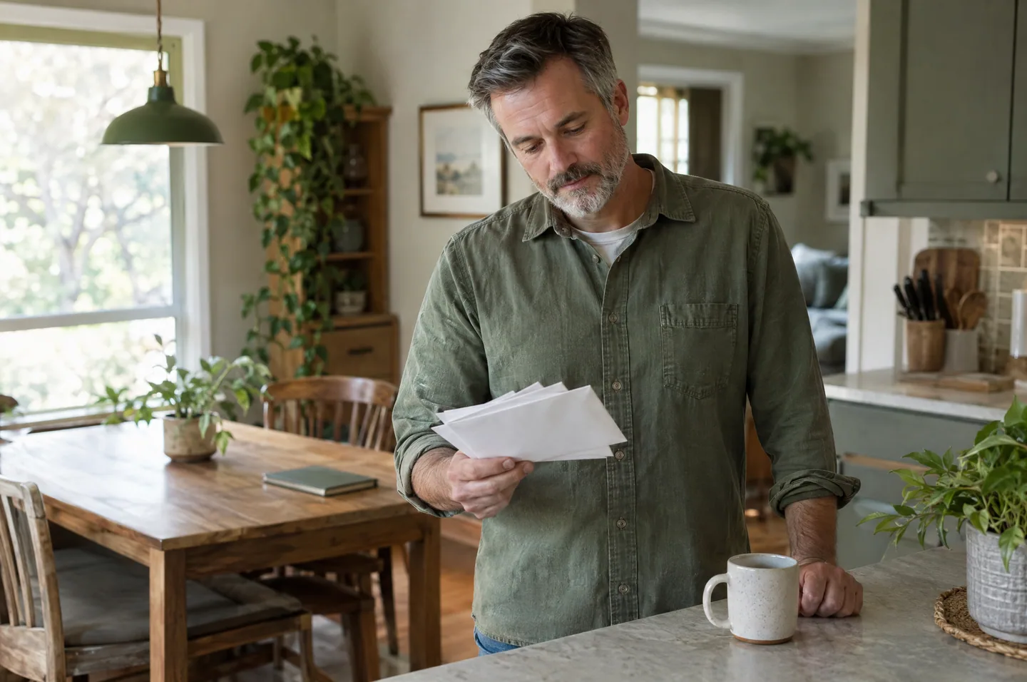 A man standing at a kitchen counter looking through a small stack of envelopes, a mug beside him.