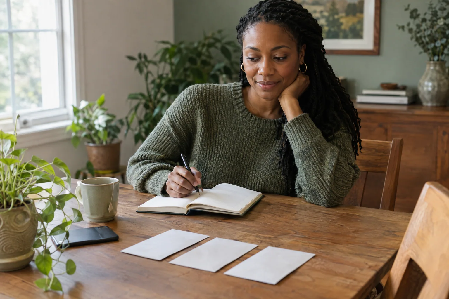 A woman at a wooden dining table writing in a notebook, with three plain envelopes laid out in front of her.