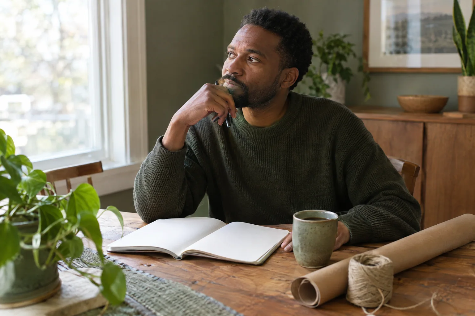 A man sitting at a dining table with a blank notebook, wrapping paper and twine, thinking.