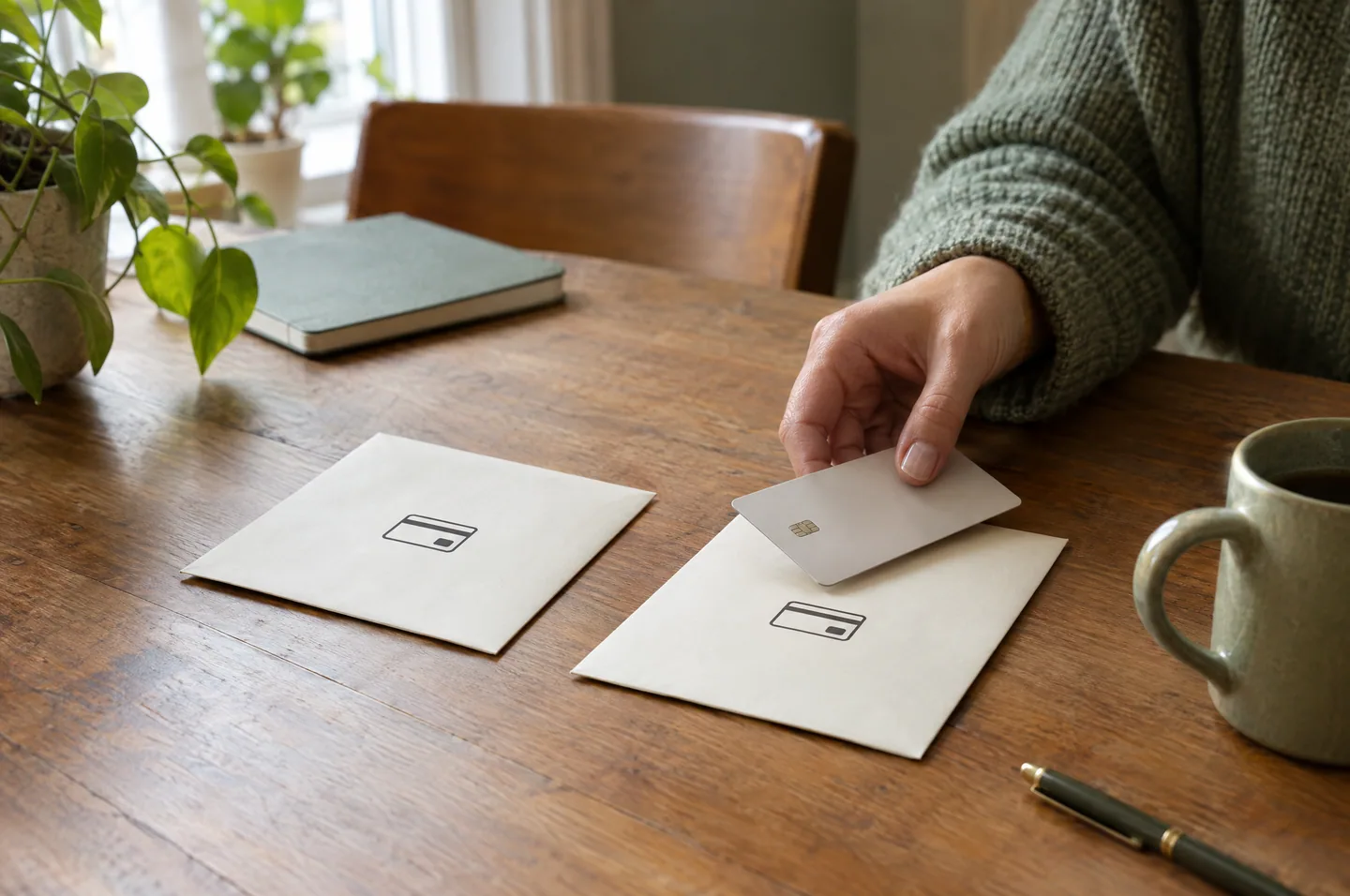 Two paper envelopes marked with a card icon on a wooden table, and a hand placing a blank card on one.