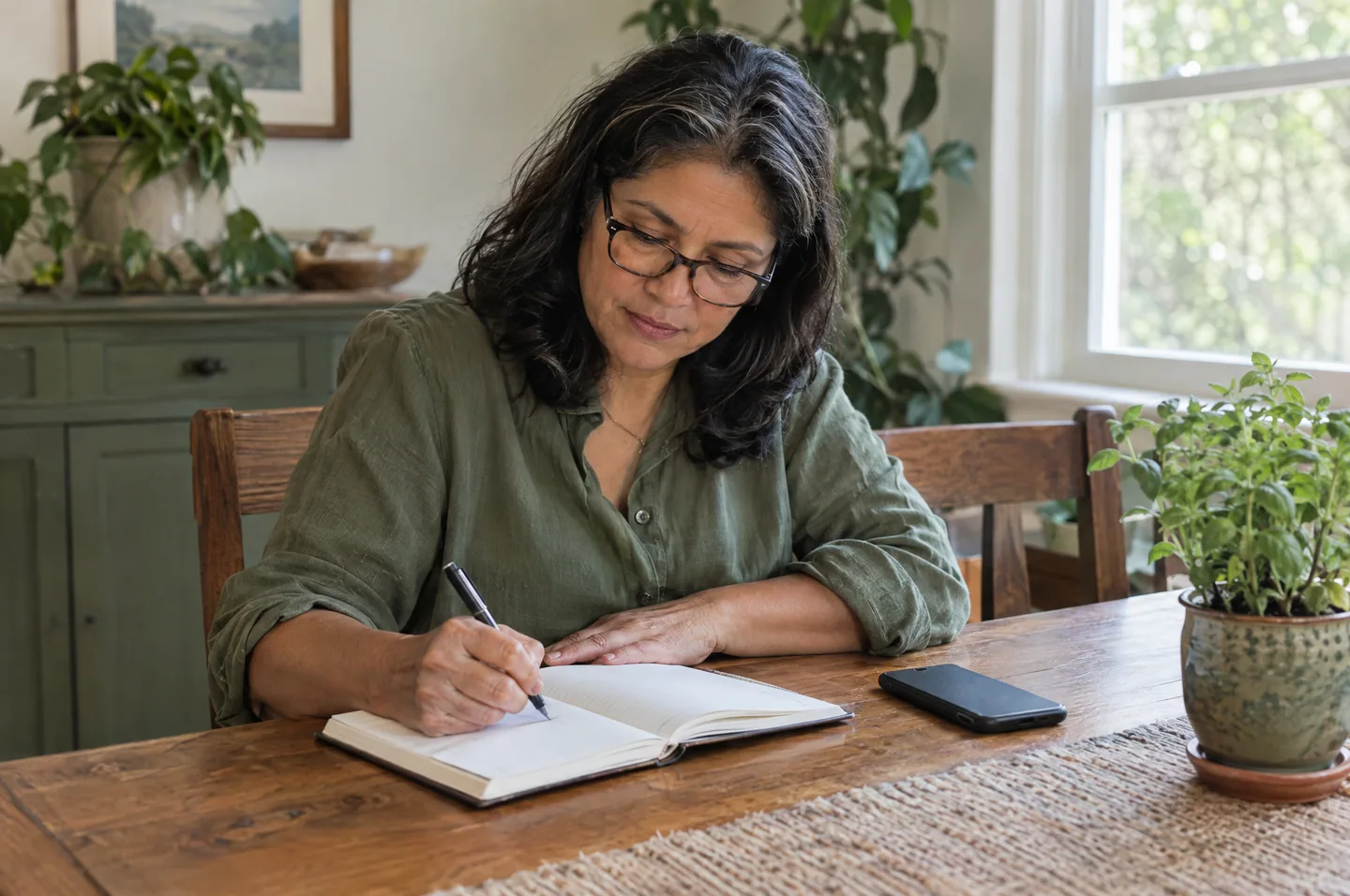A woman in glasses writing in a notebook at a dining table, with her phone face down and a potted herb.