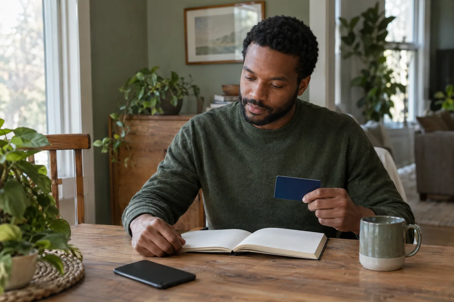 A man at a wooden dining table holding a plain blue payment card and looking at an open notebook.
