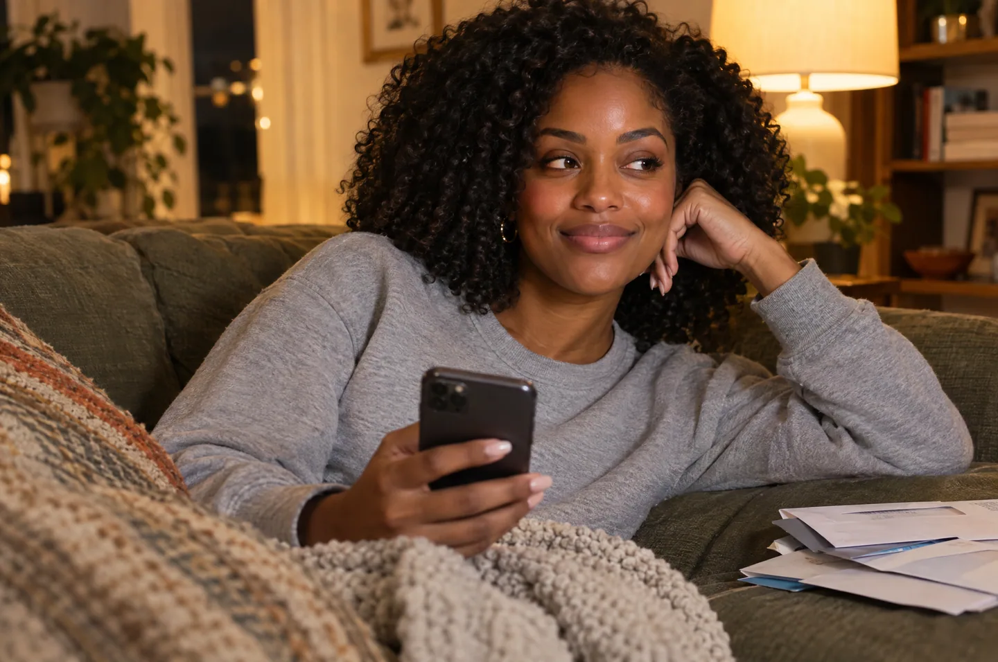 A woman with curly hair in a gray sweatshirt on a couch, phone in hand and some opened mail beside her.