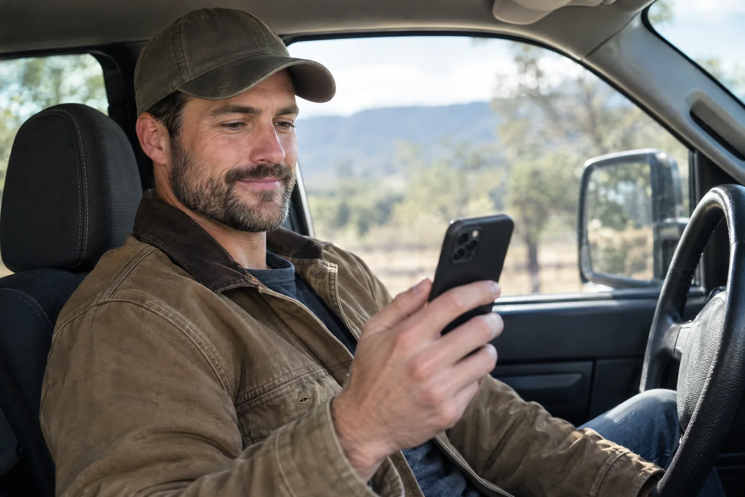 A bearded man in a work jacket and cap sitting in a pickup truck, smiling at his phone.