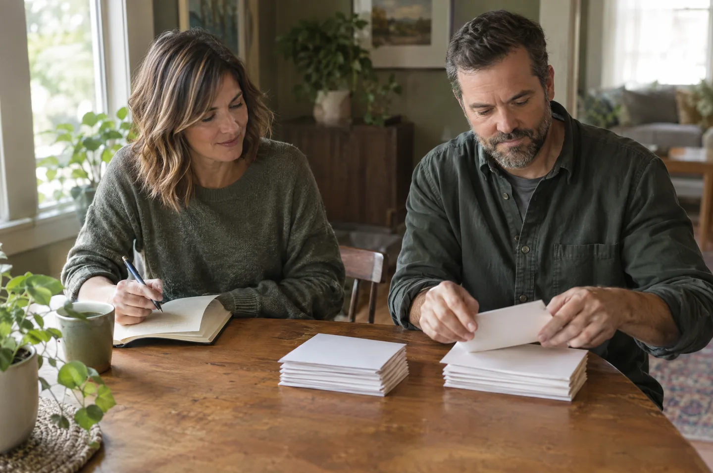 A couple at a dining table sorting blank envelopes into two piles while one of them writes in a notebook.
