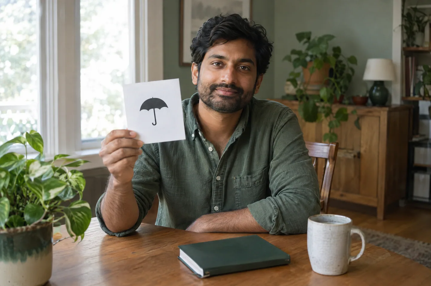 A man at his dining table holding up a white card printed with a simple black umbrella icon.