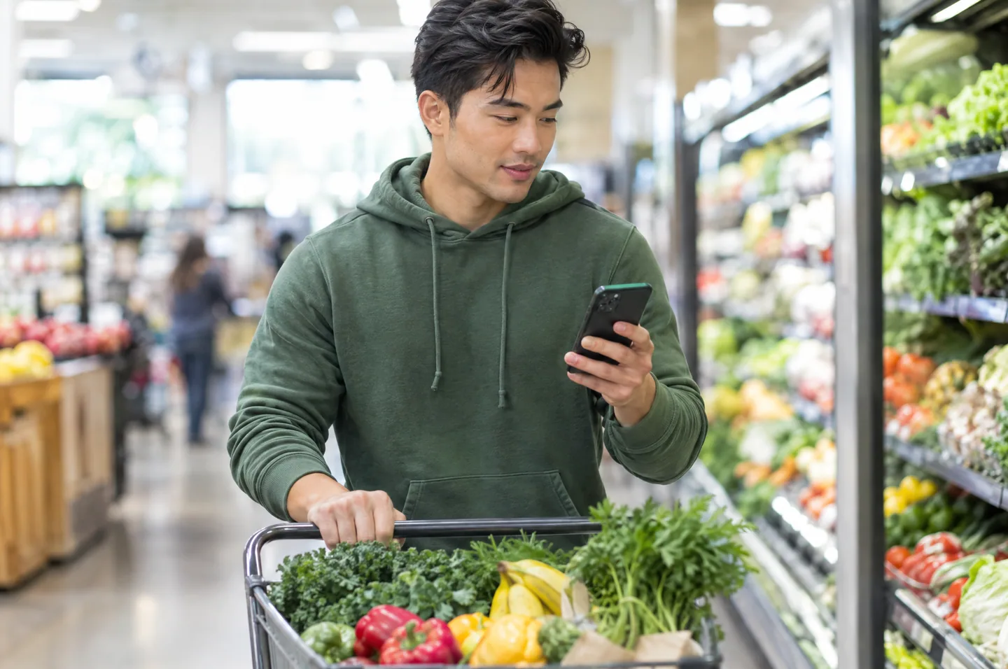 A young man in a green hoodie pushing a shopping cart down a grocery aisle, looking at his phone.