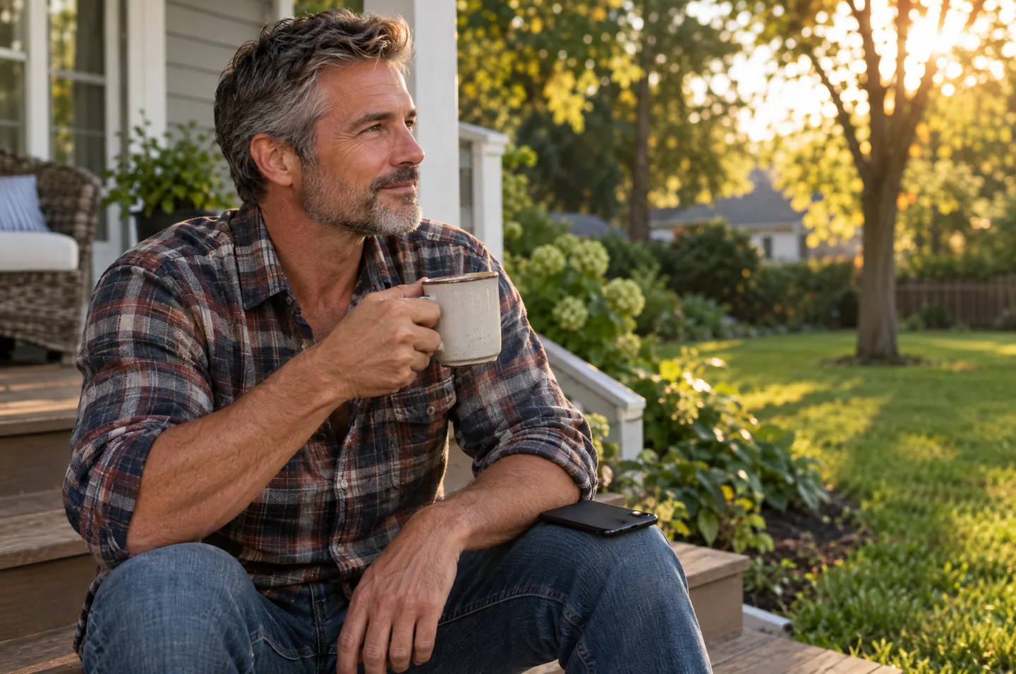 A man with a salt and pepper beard in a flannel shirt on his back porch with a mug, looking at the yard.