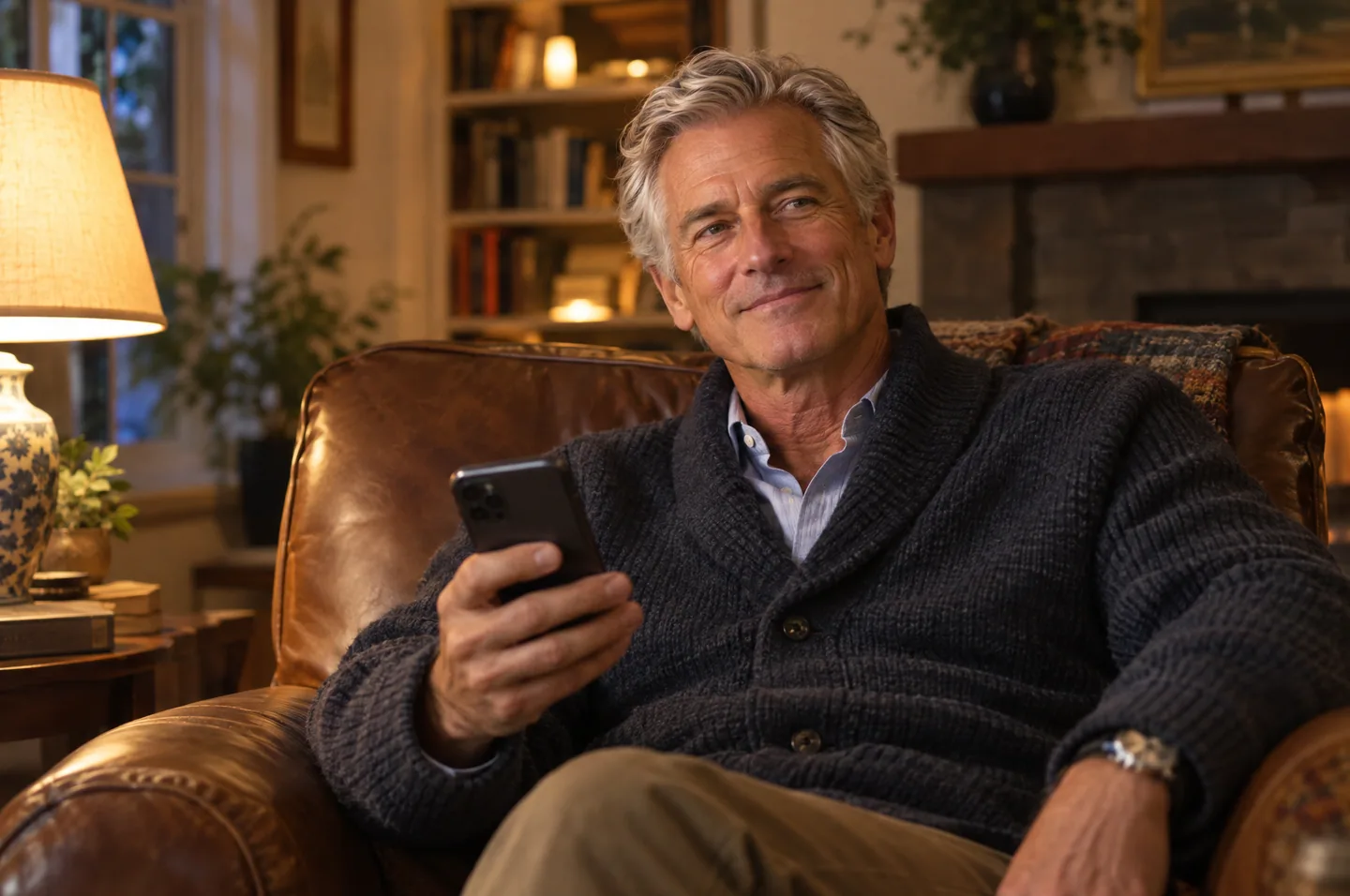 A man with silver hair in a cardigan, sitting in a leather armchair with his phone, smiling.