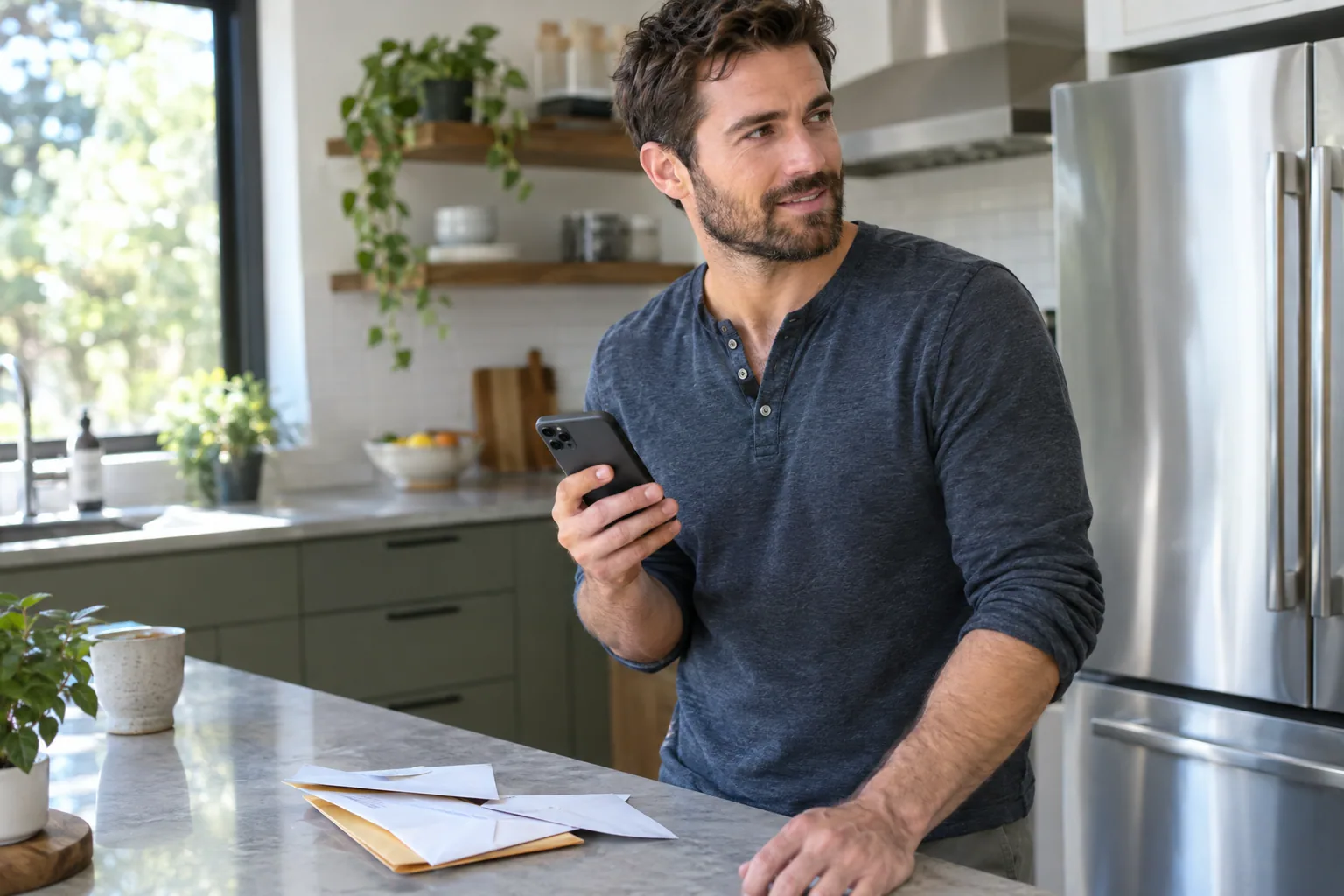 A bearded man at a kitchen counter with a pile of opened envelopes, looking at his phone.
