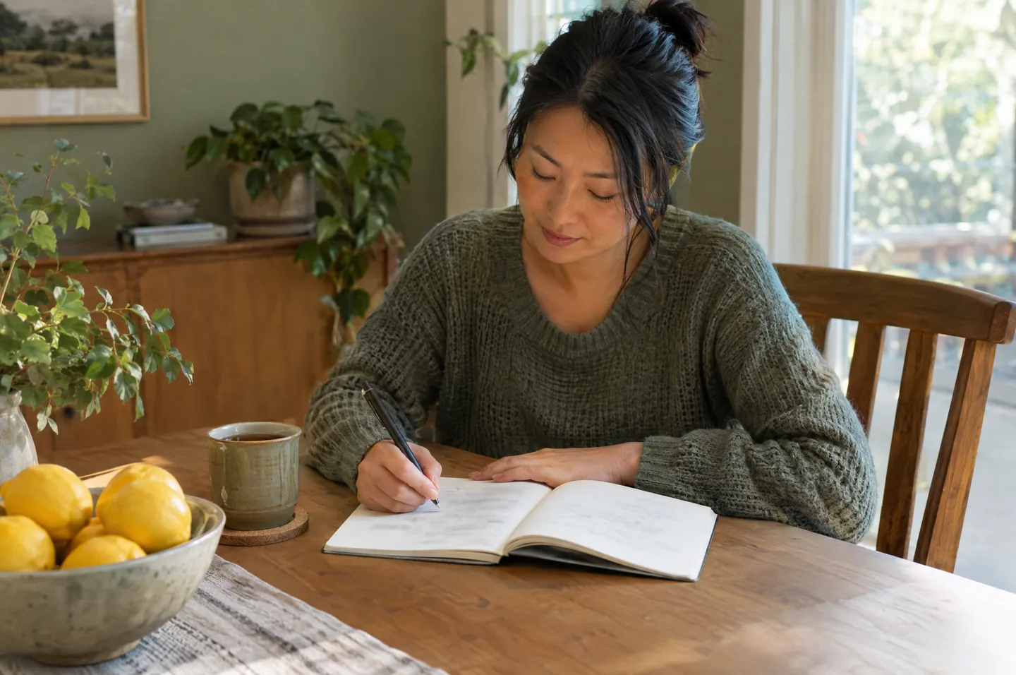 A woman writing a shopping list in a notebook at a dining table beside a bowl of lemons and a mug of tea.