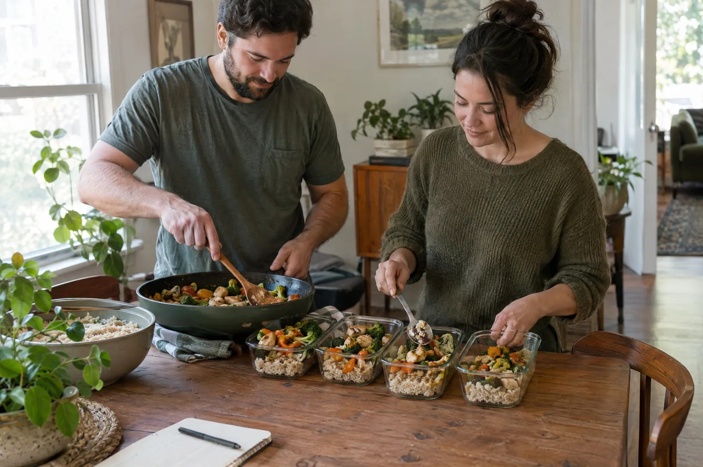 A couple at their dining table filling glass meal prep containers with rice, vegetables and chicken.