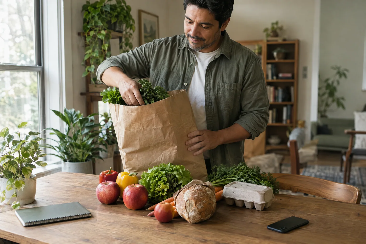 A man unpacking a paper grocery bag of vegetables, apples, bread and eggs onto a wooden dining table.
