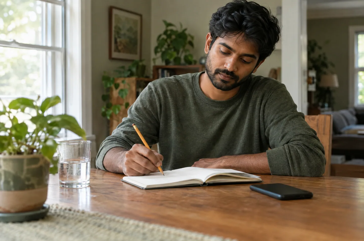 A man at a wooden table writing a short list in a notebook with a pencil, his phone face down beside him.