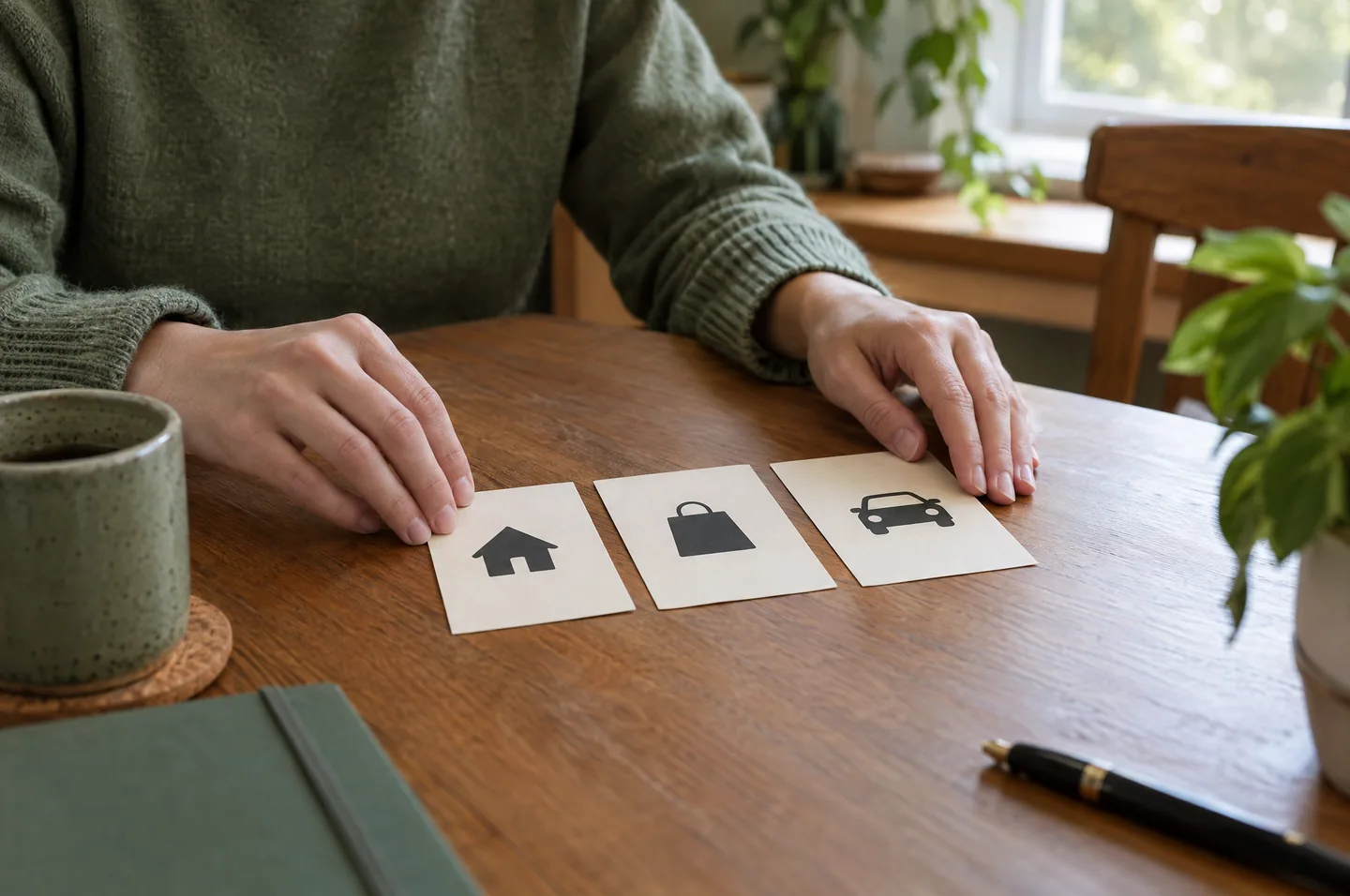 Hands laying out three paper cards on a table, marked with a house, a shopping bag and a car.