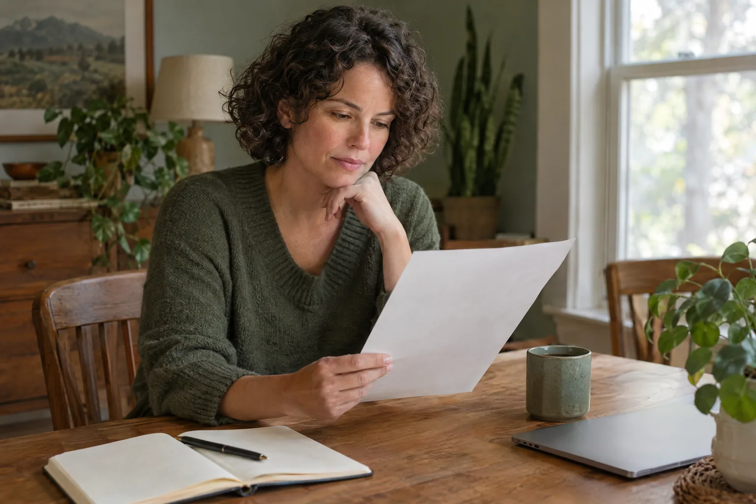 A woman with curly hair at a wooden dining table reading a sheet of paper, with a mug and notebook beside her.