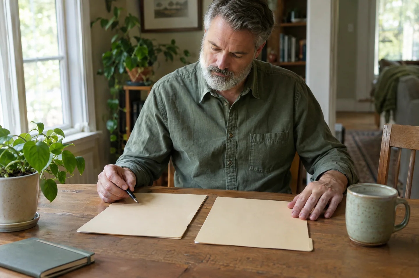 A man with a grey beard at a wooden table comparing two plain folders, a pen in his hand.