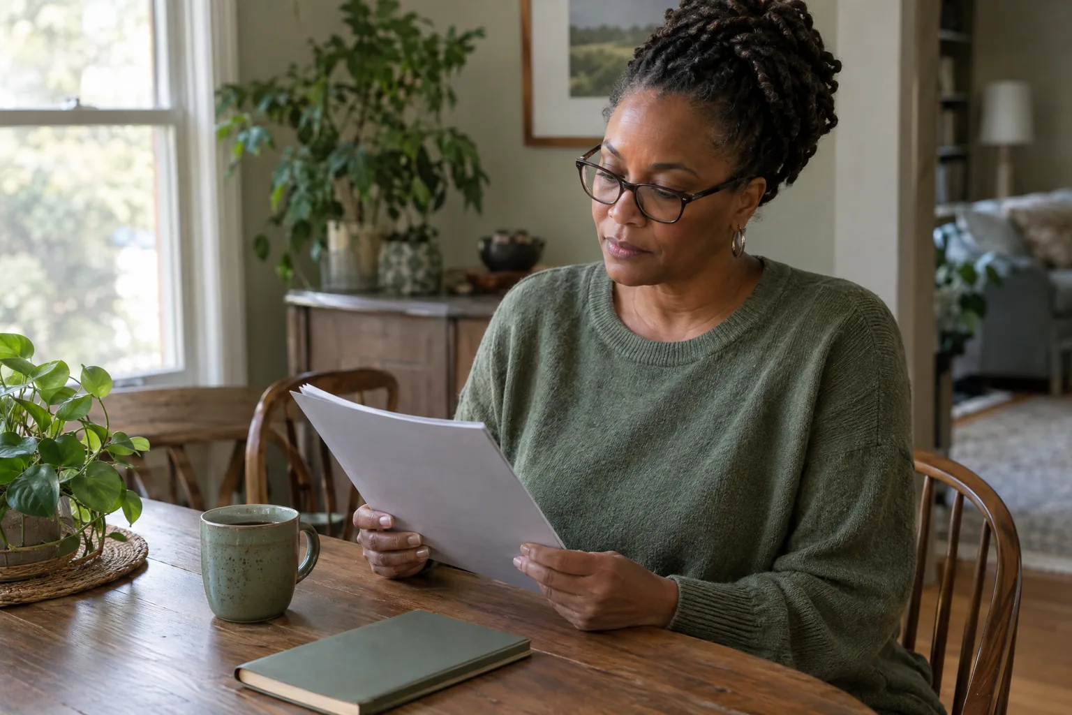 A woman in glasses at a wooden dining table reading a sheaf of papers, a mug and a notebook beside her.