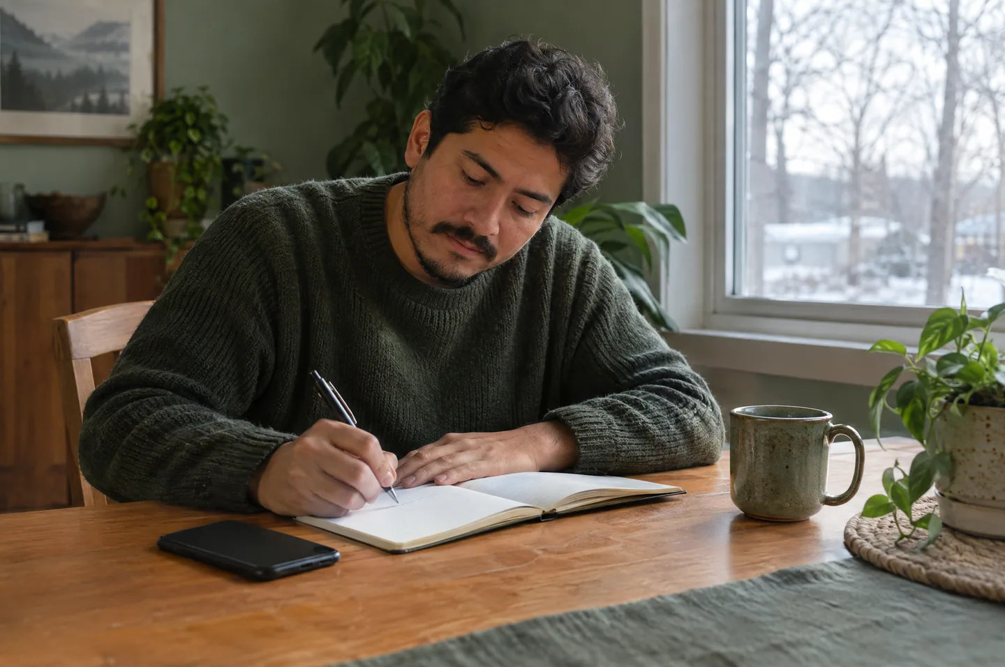 A man writing in a notebook at a table in early morning light, a phone lying face down beside it.