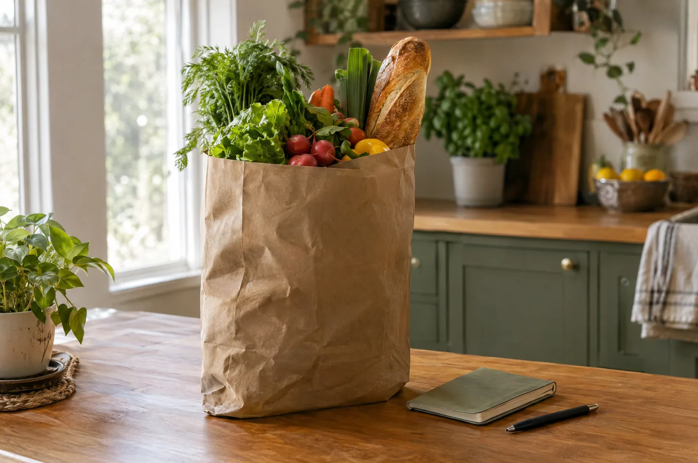 A paper grocery bag with vegetables and bread on a wooden counter beside a closed notebook.
