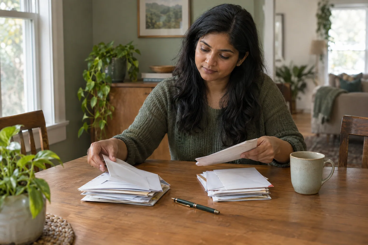 A woman at a wooden dining table sorting a small stack of opened letters into two piles, a mug beside her.