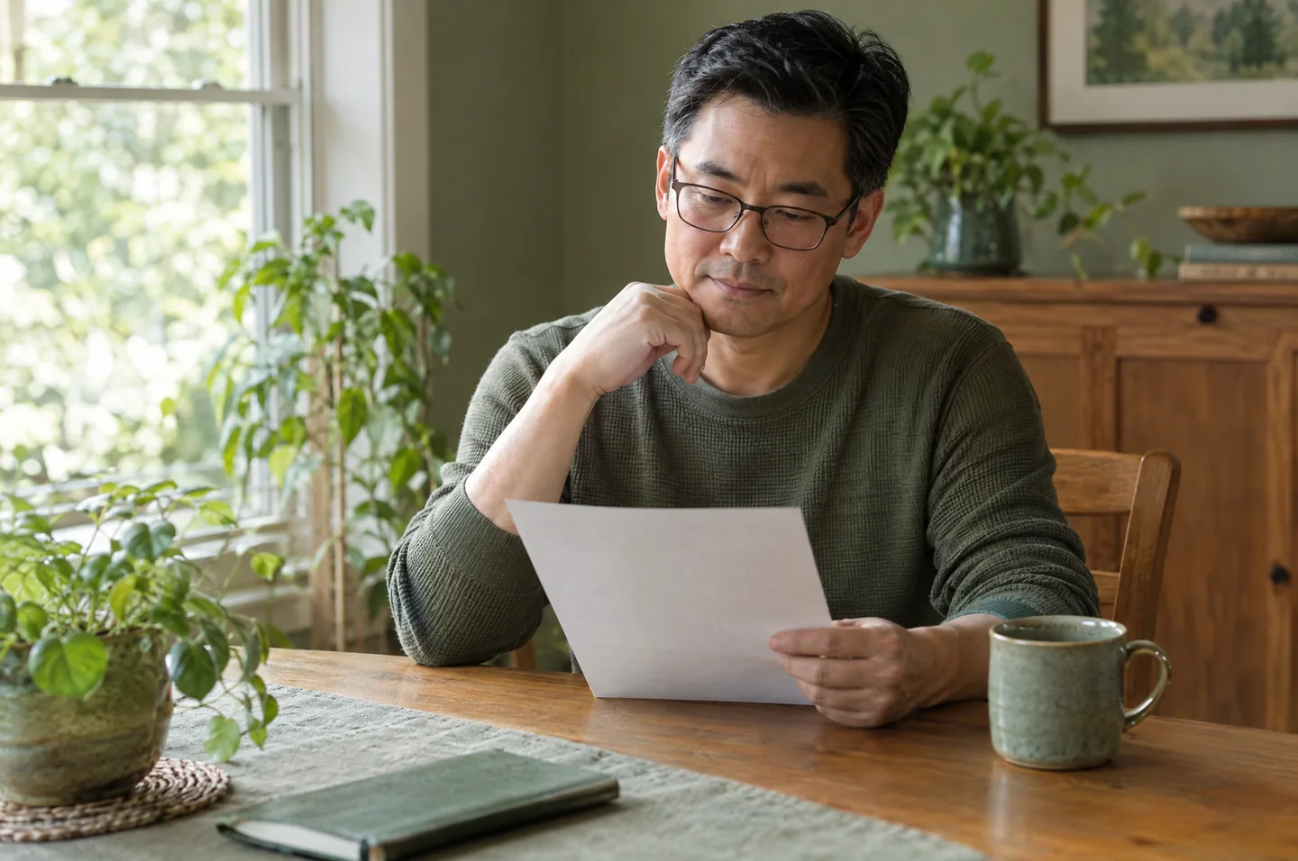 A man in reading glasses at a wooden table reading a single sheet of paper, a mug beside him.