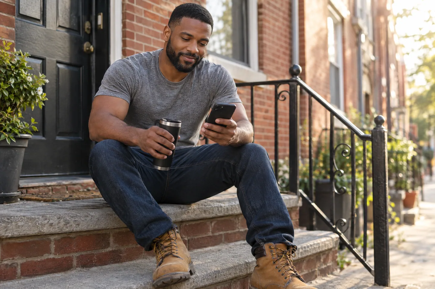 A man in a gray t shirt on the steps of a brick row house with a travel mug, checking his phone.