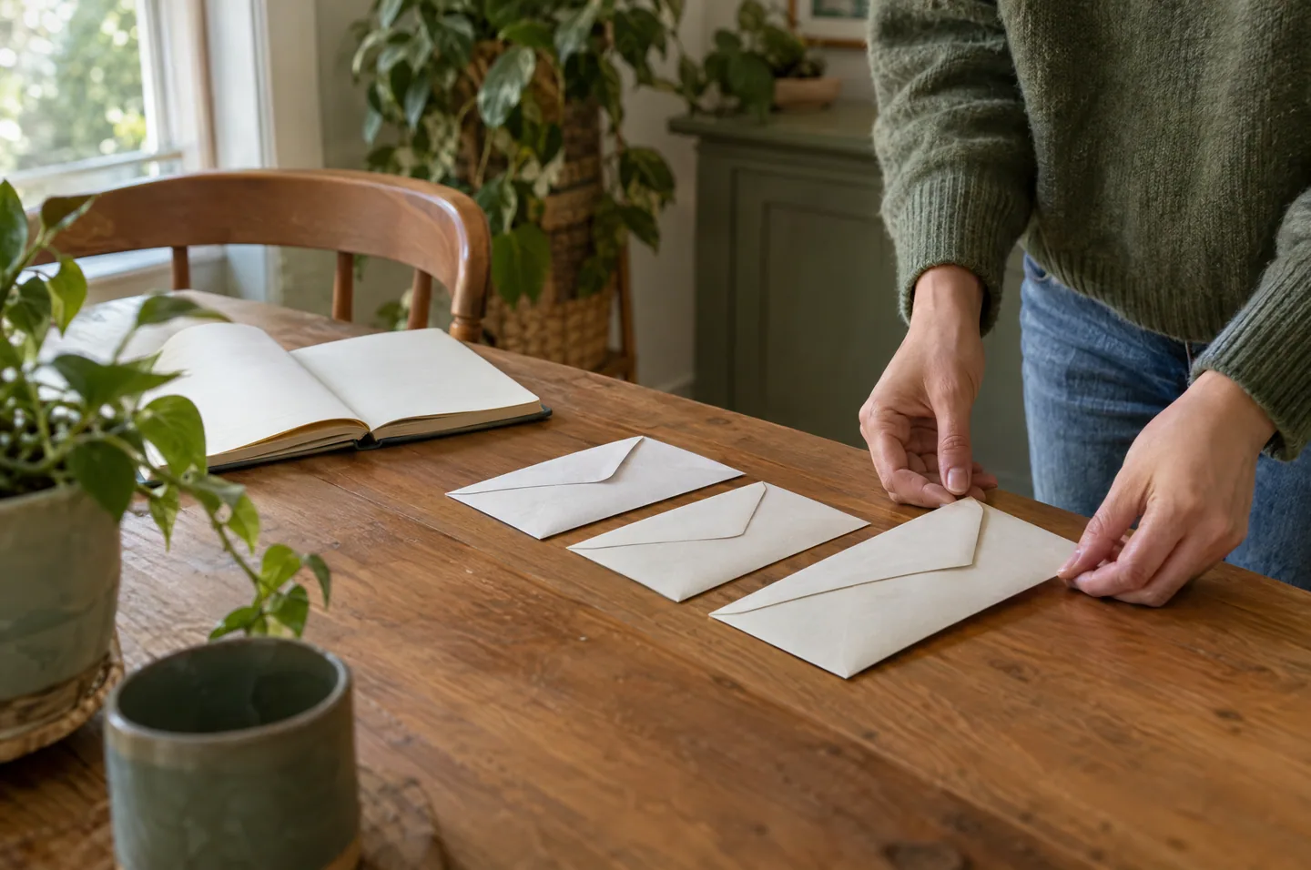 Hands laying plain envelopes in a row on a wooden table beside an open notebook.