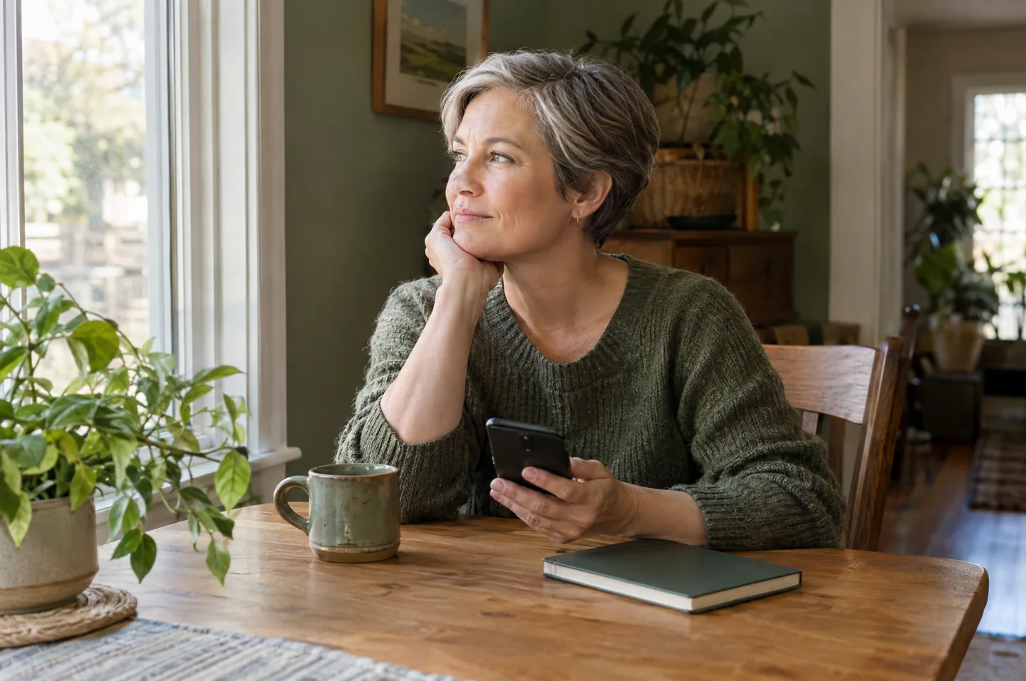 A woman with short gray hair by a window holding a phone turned away, a mug of tea beside her.