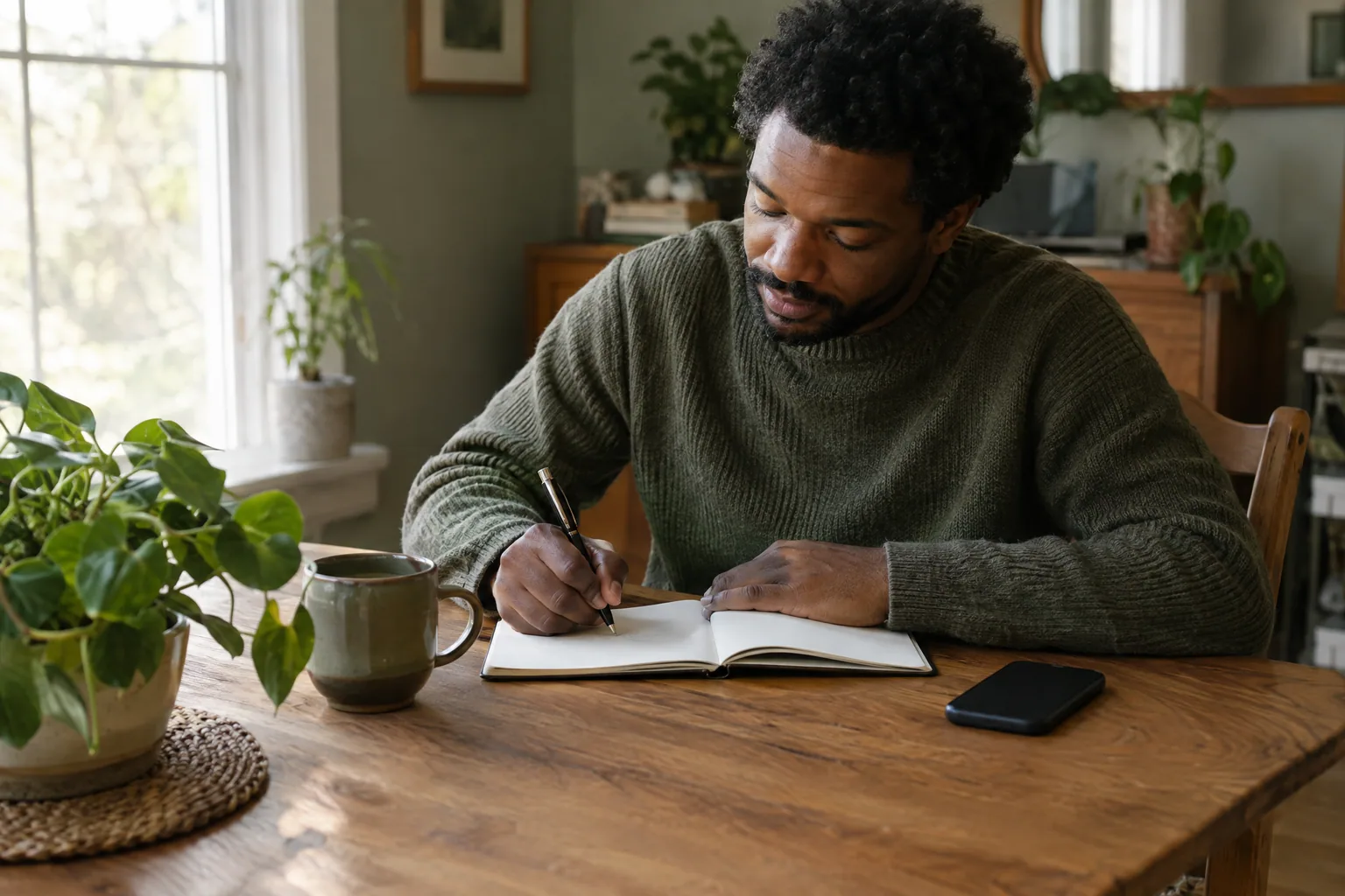 A man at a wooden dining table writing a short list in a notebook, a phone face down beside a mug.