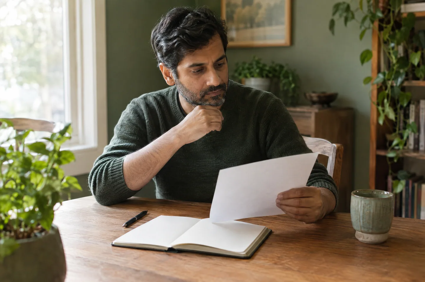 A man at a wooden dining table reading a single sheet of paper beside an open notebook and a pen.
